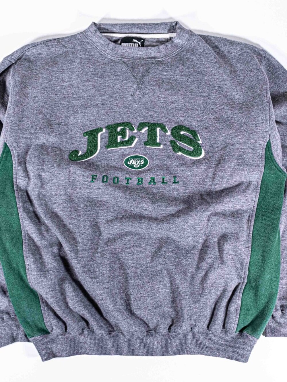Vintage 90s Puma New York Jets Crewneck Sweatshirt XL Chenille Patch NFL Y2K